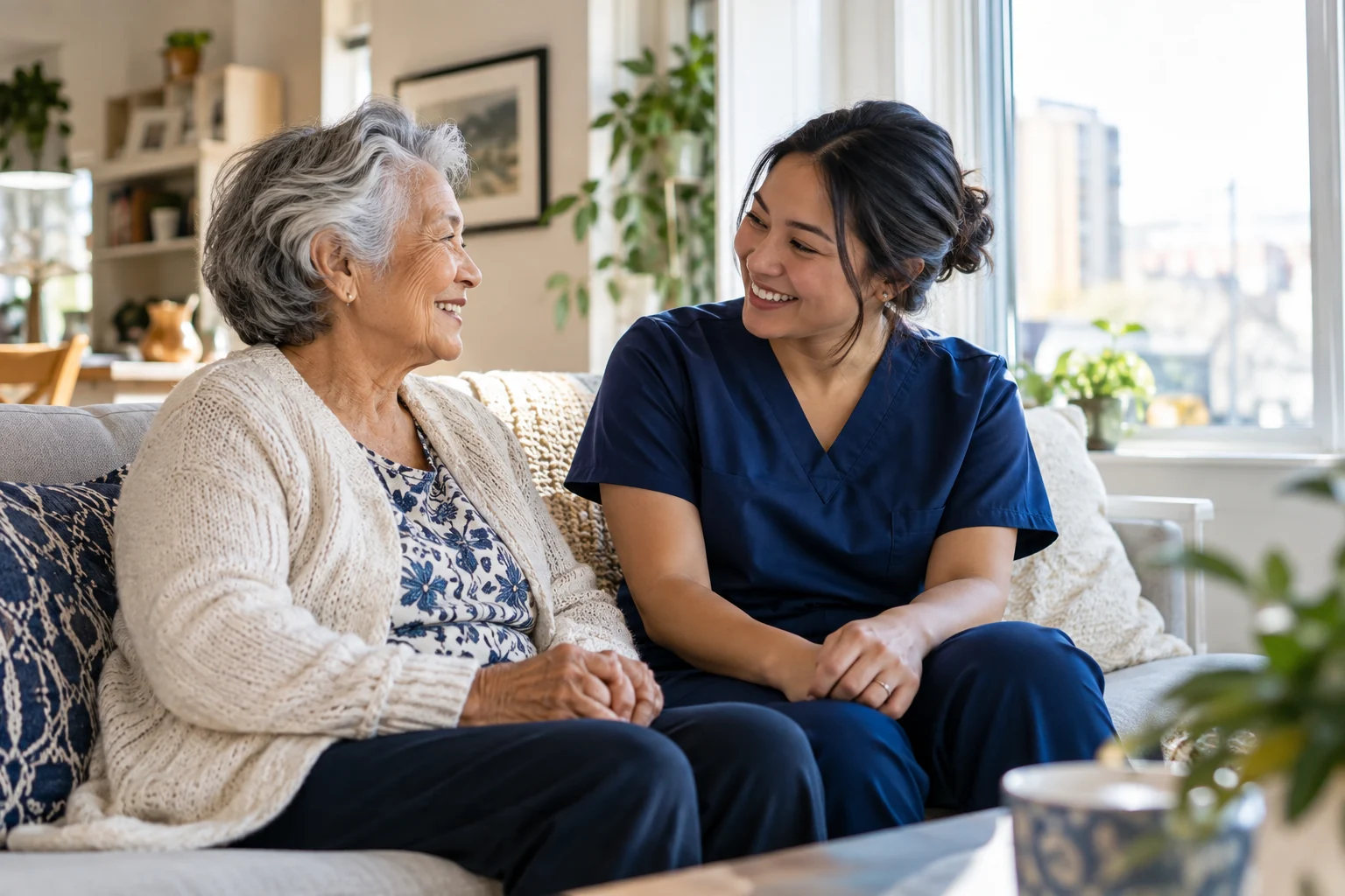 Caregiver and older adult talking together at home