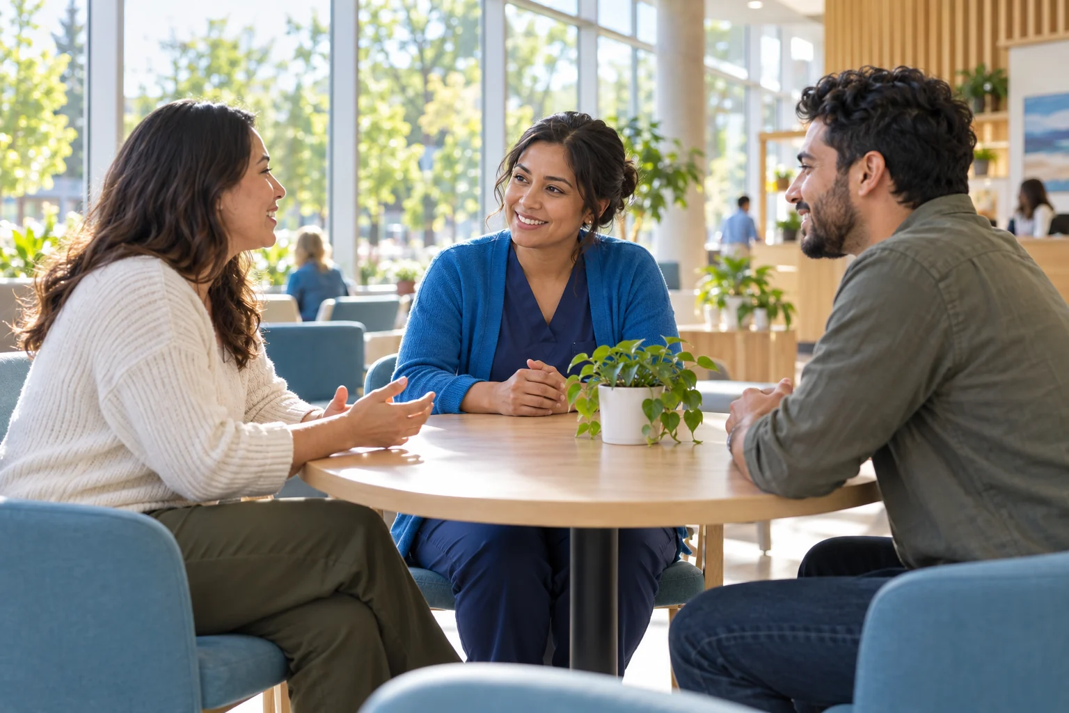 A healthcare professional listening to two community members in a welcoming health centre