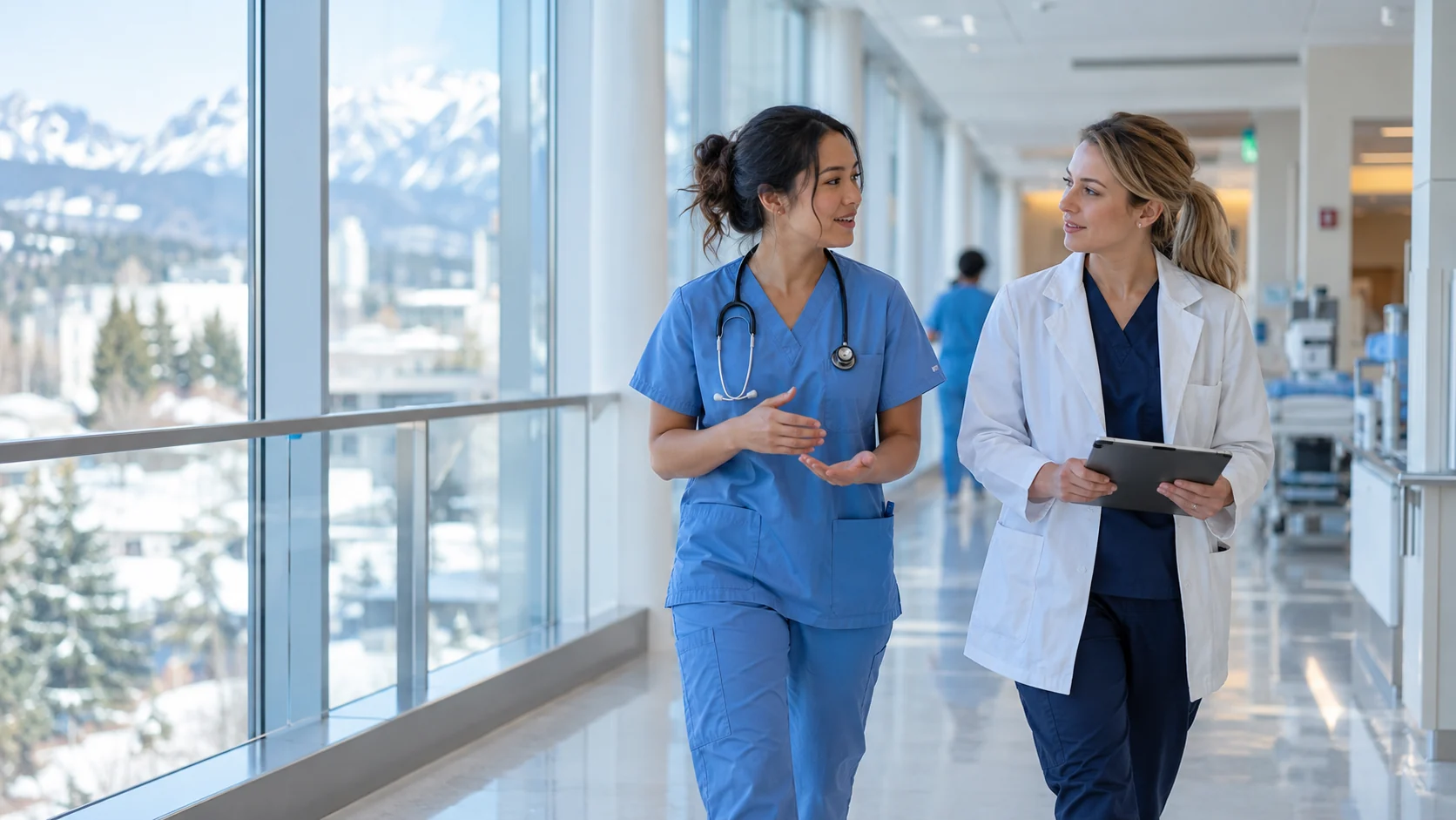 Healthcare professionals speaking in a hospital corridor